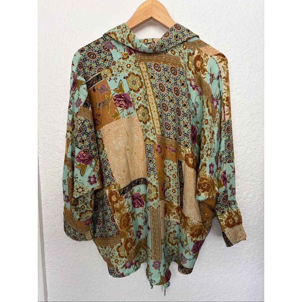 Vintage Cienna Patchwork Silk Blend Tie Front Blouse Boho Festival Top S/M - Picture 2 of 12
